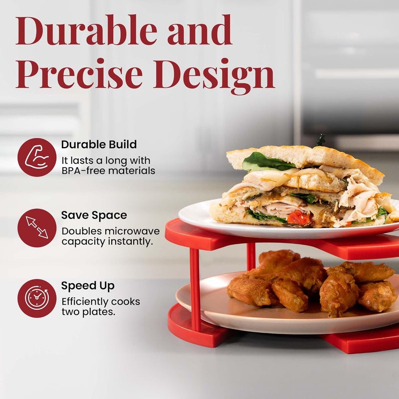 DoubleWave Mini Microwave Plate Stacker – Two-Tier Food Stand Doubles Cooking Space | BPA-Free Food-Grade Plastic | Fits 10.65 in Microwaves | Heat-Safe to 244°F | Warms Two Plates 1.5x Faster (Red) - Image 5